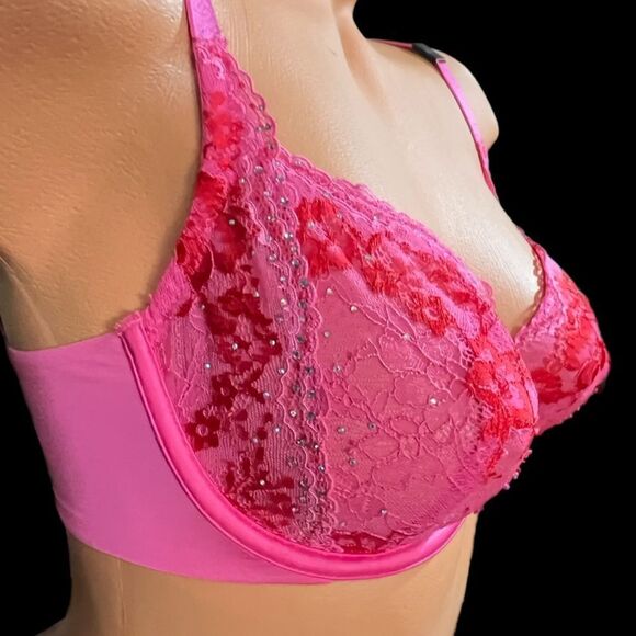 Victoria's Secret Rhinestone Embellished Lace Unlined bra Pink / Red 32DD - Picture 4 of 11